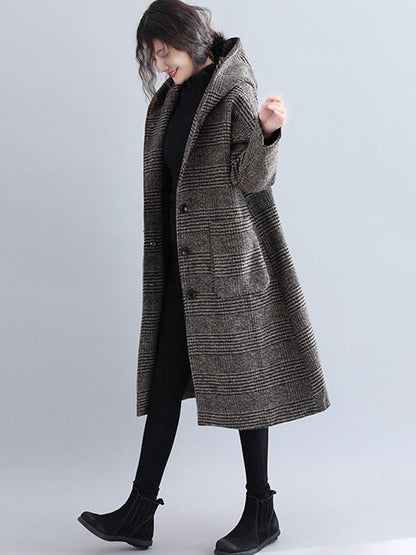 xakxx Loose Plaid Woolen Hood Coat