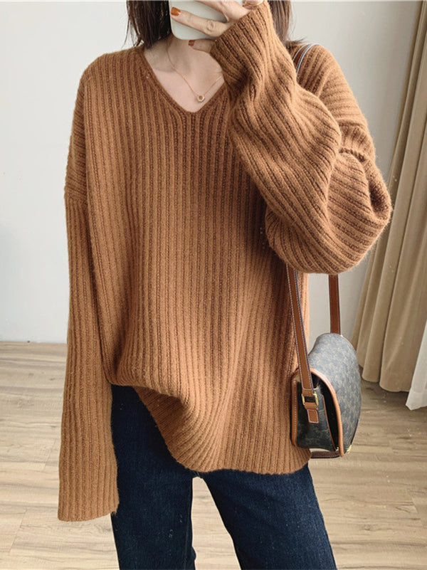 xakxx Casual Long Sleeves Loose Solid Color V-Neck Sweater Tops