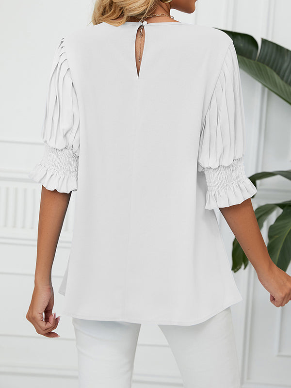 xakxx Loose Puff Sleeves Pleated Solid Color Round-Neck T-Shirts Tops