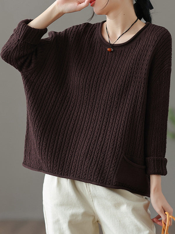 xakxx Artistic Retro Loose Long Sleeves Jacquard Solid Color Round-Neck Sweater Tops