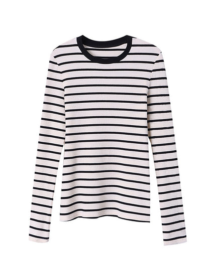 xakxx Long Sleeves Skinny Contrast Color Striped Round-Neck T-Shirts Tops