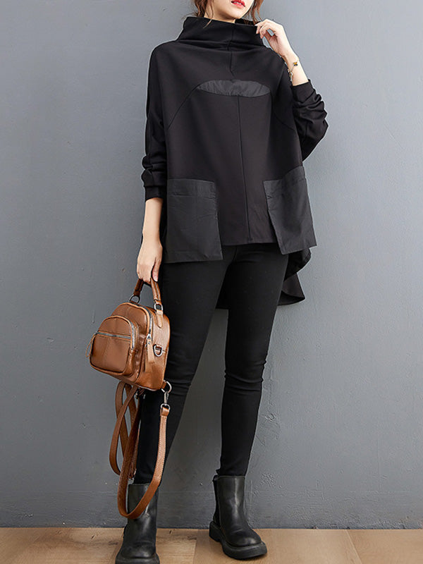 xakxx Casual Loose Split-Joint High-Neck Long Batwing Sleeves T-Shirt