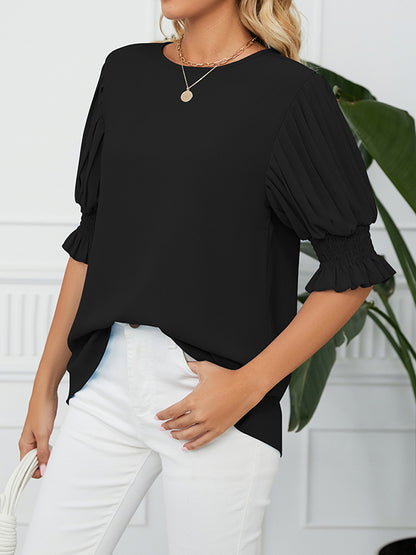 xakxx Loose Puff Sleeves Pleated Solid Color Round-Neck T-Shirts Tops