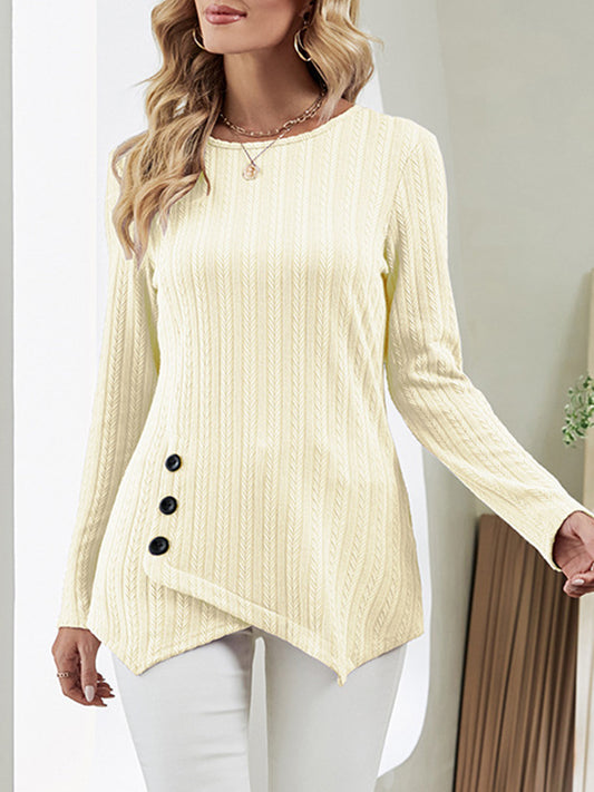 xakxx Long Sleeves Loose Asymmetric Buttoned Round-Neck T-Shirts Tops