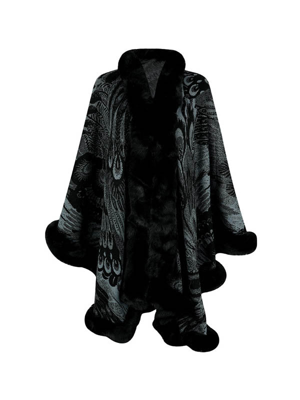 xakxx Long Sleeves Loose Jacquard Keep Warm Velvet Collarless Cape Shawl