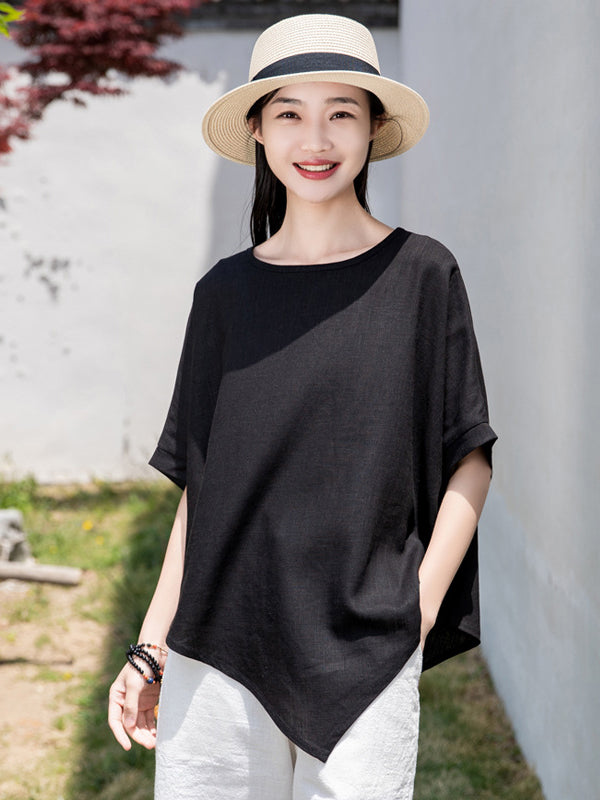 xakxx Artistic Retro Loose Linen Asymmetric T-Shirt Top