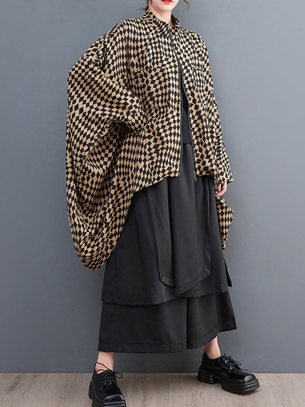 xakxx High-Low Loose Plaid Zipper Stand Collar Outerwear