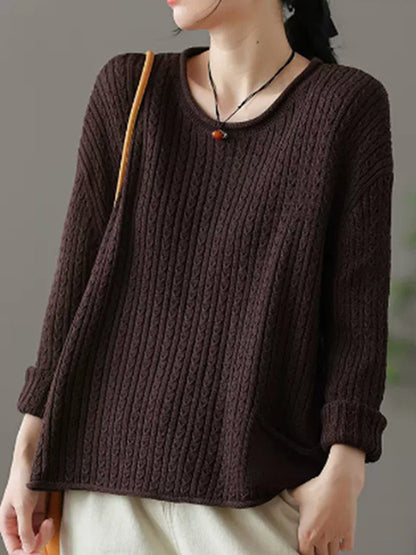 xakxx Artistic Retro Loose Long Sleeves Jacquard Solid Color Round-Neck Sweater Tops