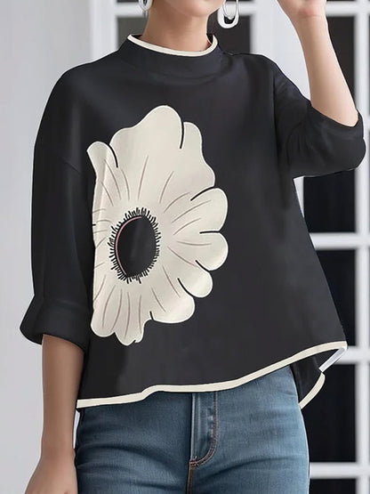 xakxx A-Line High-Low Flower Print Mock Neck T-Shirts Tops