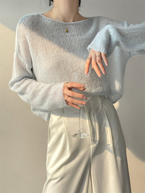 xakxx Gentle Mohair Knitted Loose Long Sleeves Solid Color Thin Sweater Tops