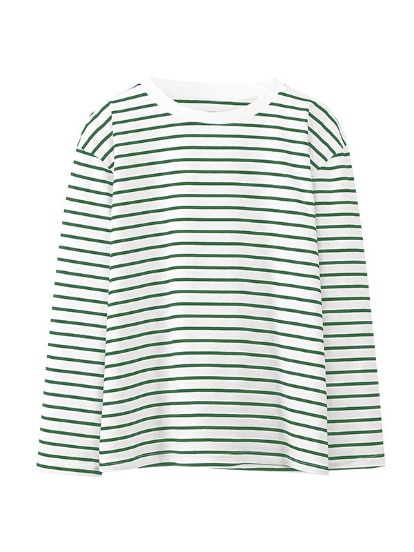 xakxx Long Sleeves Loose Striped Round-Neck T-Shirts Tops