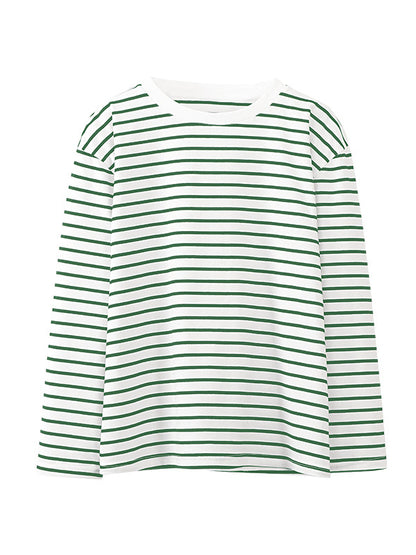 xakxx Long Sleeves Loose Striped Round-Neck T-Shirts Tops