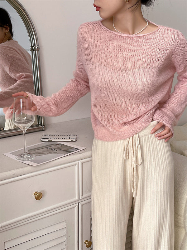 xakxx Gentle Mohair Knitted Loose Long Sleeves Solid Color Thin Sweater Tops