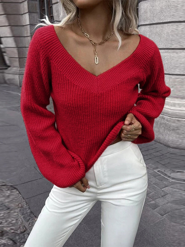 xakxx Casual Long Sleeves Loose Solid Color V-Neck Sweater Tops