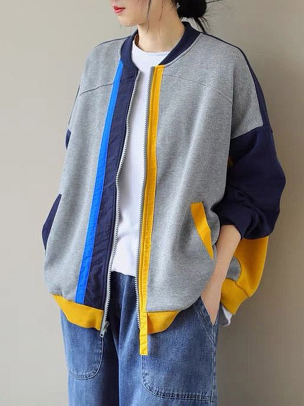 xakxx Casual Loose Contrast Color Split-Joint Stand Collar Long Sleeves Outwear