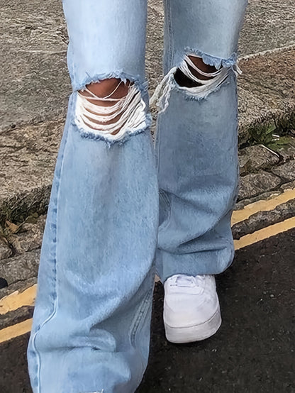 Long Length High Waist Flared Leg Blue Denim Jeans - Washed, Medium Stretch, Zipper Fly, Ripped, Bell Bottom, Slash Pockets, Preppy Style - Customized, Slim Fit, All-Season, Solid Color, No Printing