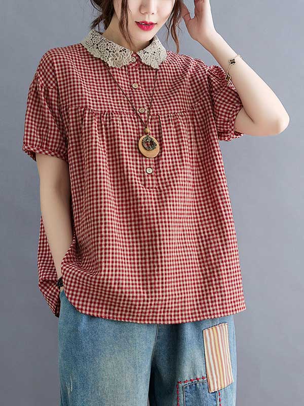 xakxx Cotton Blend Plaid Polo Puff Sleeve T-Shirts Tops