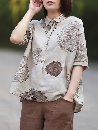 xakxx Ramie Cotton Loose Annual Ring Pattern Shirt Tops