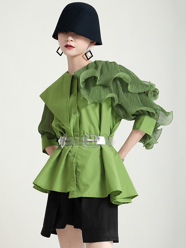 xakxx Stylish Asymmetric Split-Joint Falbala With Belted Half Sleeves Blouses