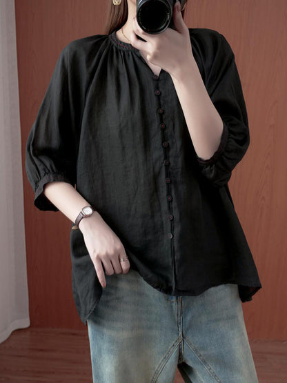 xakxx Simple Casual Solid Buttoned Pleated Blouse