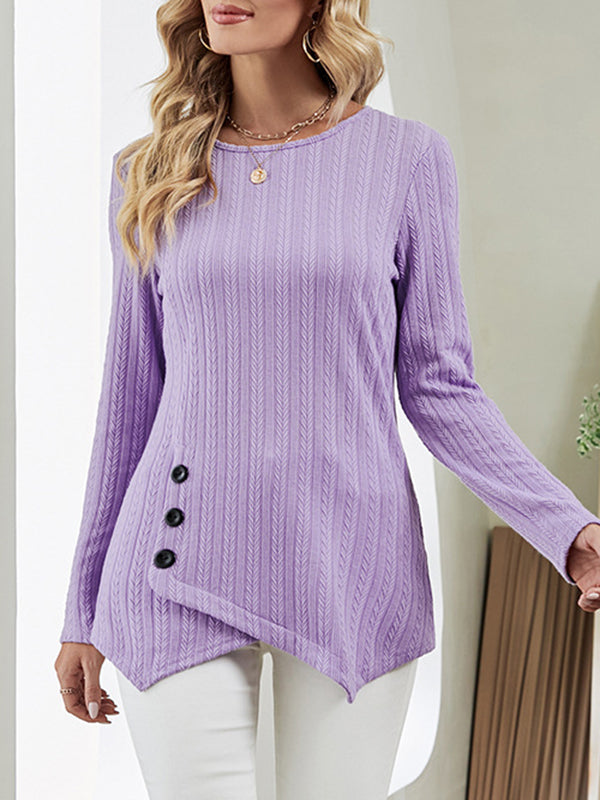 xakxx Long Sleeves Loose Asymmetric Buttoned Round-Neck T-Shirts Tops