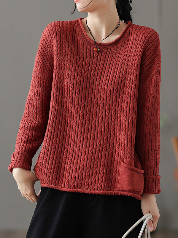 xakxx Artistic Retro Loose Long Sleeves Jacquard Solid Color Round-Neck Sweater Tops