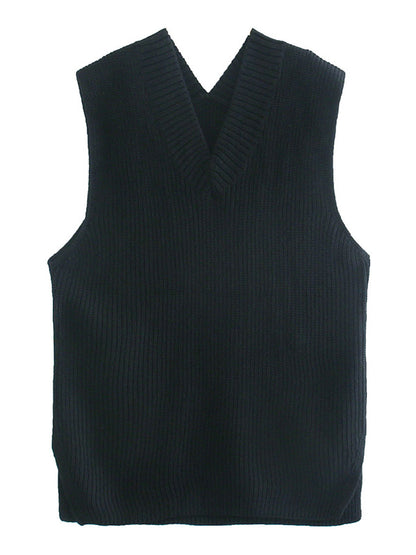 xakxx 4 Colors V-Neck Simple Split-Side Sleeveless Knitted Vest