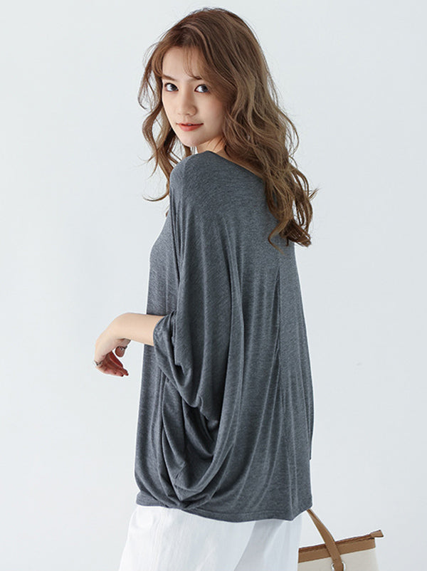 xakxx Vintage Loose Round-Neck Batwing Sleeves Shirts