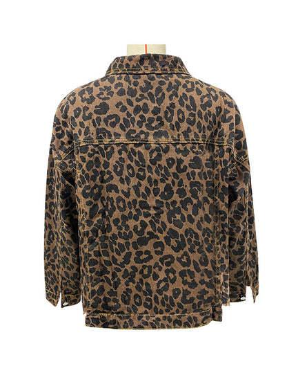 xakxx Long Sleeves Loose Buttoned Fringed Leopard Pockets Lapel Outerwear