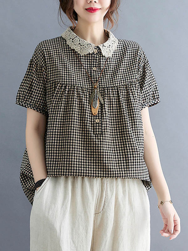 xakxx Cotton Blend Plaid Polo Puff Sleeve T-Shirts Tops