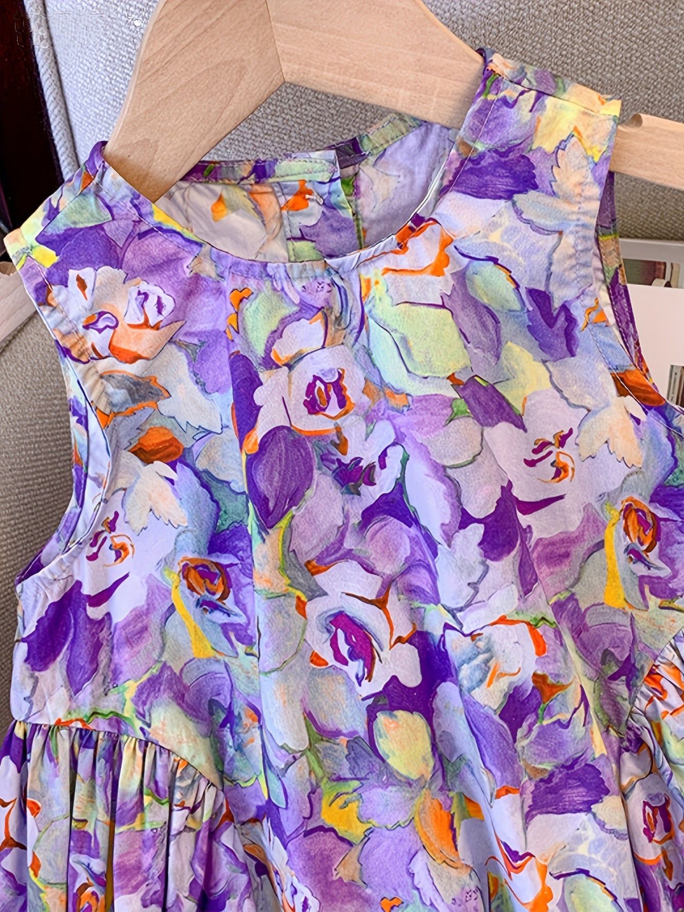 Lively Purple Floral Girls Swing Dress - Soft Cotton, Sleeveless Design for Summer Adventures - Perfect Outdoor Vacation Wear