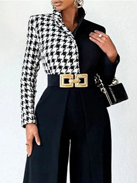 xakxx Long Sleeves Loose Houndstooth Split-Joint Lapel Blouses Blouses&shirts Tops