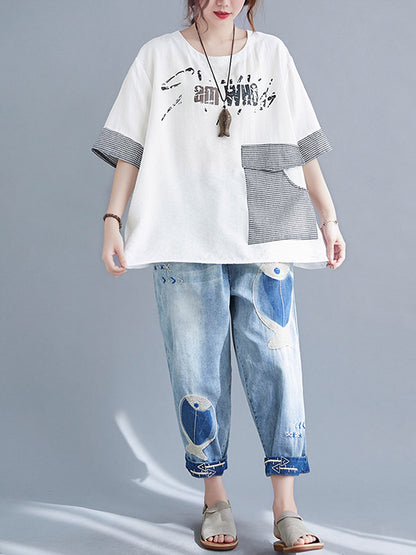 xakxx Original Letter Print Split-Joint Round-Neck T-Shirts Tops