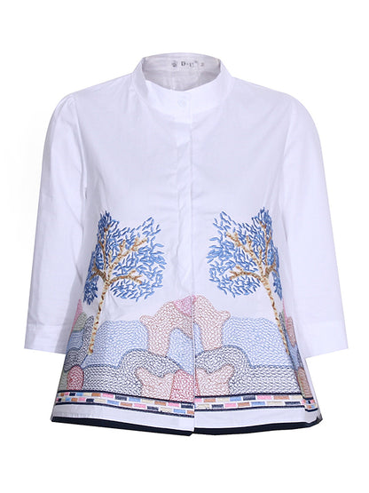 xakxx Casual Three-Quarter Sleeves Loose Embroidered Stand Collar Blouses&Shirts Tops