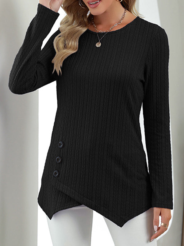 xakxx Long Sleeves Loose Asymmetric Buttoned Round-Neck T-Shirts Tops