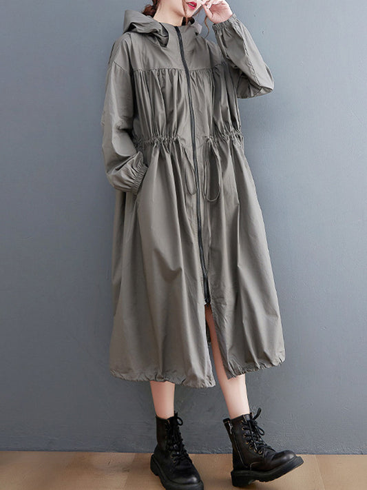 xakxx Casual Loose Solid Color Zipper Drawstring Long Sleeves Hooded Trench Coat