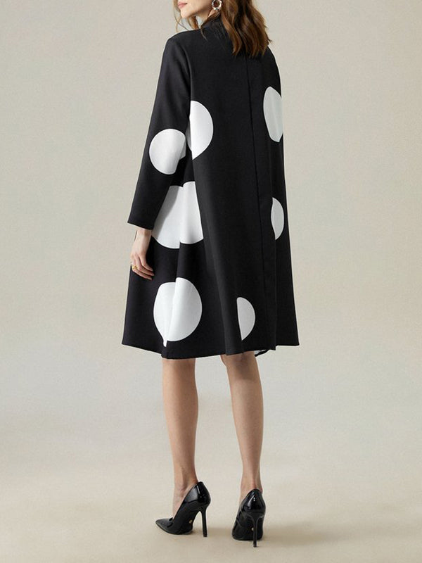 xakxx Long Sleeves Loose Asymmetric Buttoned Polka-Dot Tied Mock Neck Jackets&Coats Midi Dresses Outerwear