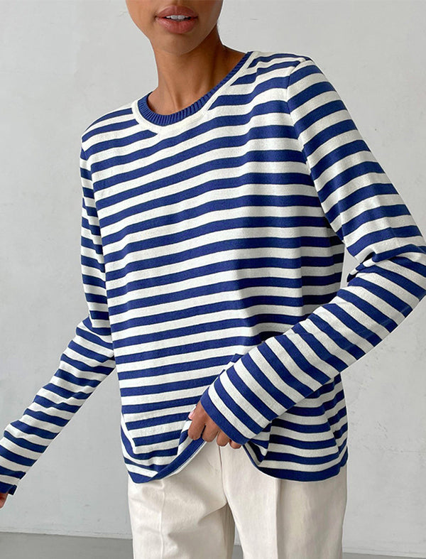 xakxx Long Sleeves Loose Split-Joint Striped Round-Neck Sweater Tops