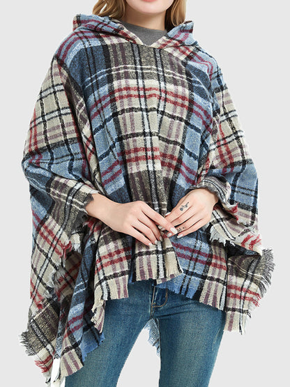 xakxx Fringed Hooded Keep Warm Plaid Cape Shawl&Cloak