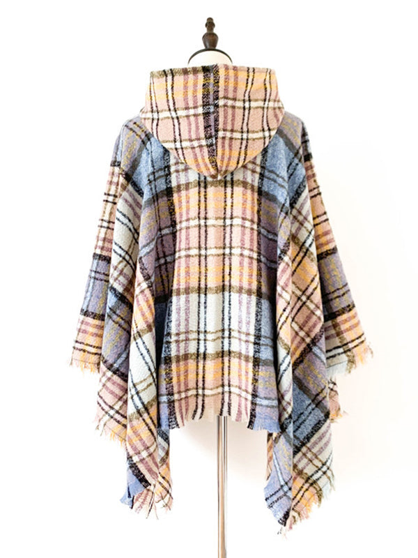 xakxx Fringed Hooded Keep Warm Plaid Cape Shawl&Cloak