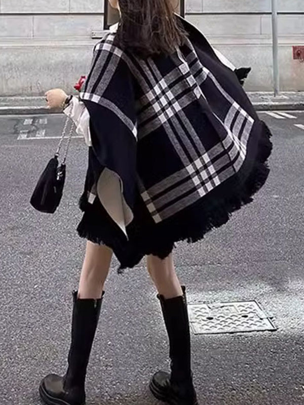 xakxx Long Sleeves Loose Contrast Color Plaid Split-Joint V-Neck Cape