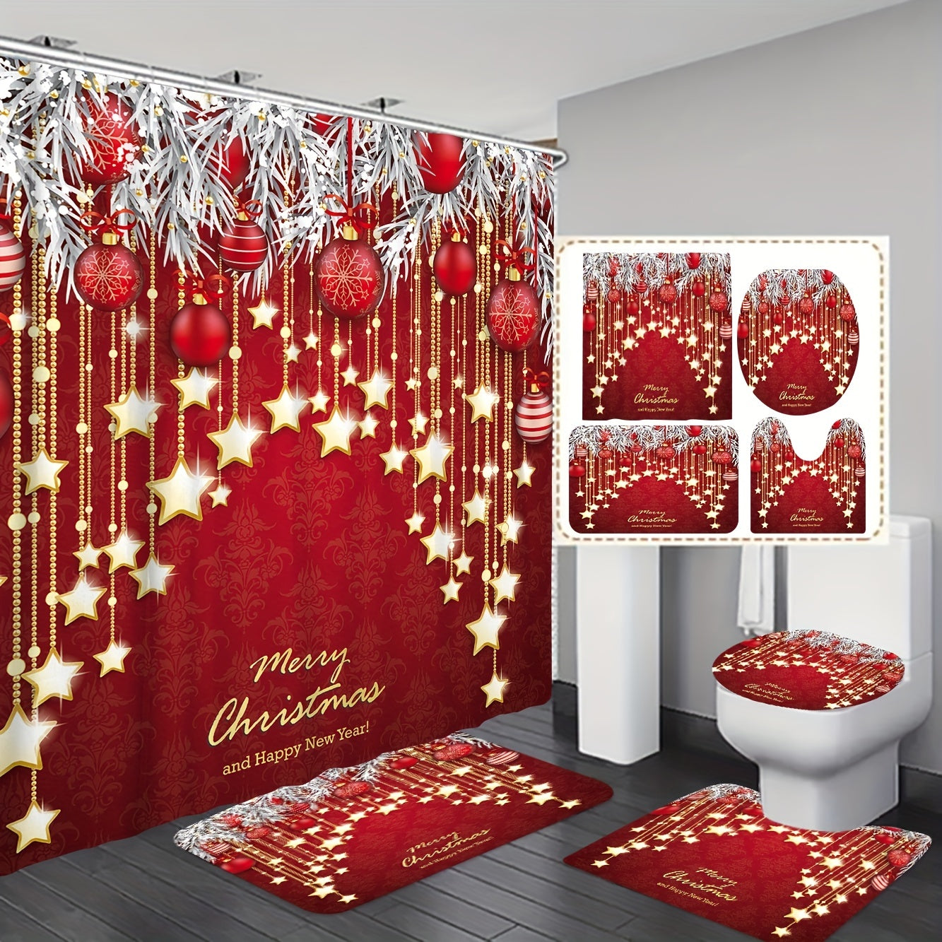 1/3/4pcs Red Background Christmas Style Bathroom Shower Curtain Four-piece Set, Decoration Curtain With 12 Hooks, Toilet Three-piece Set, Non-Slip Bathroom Rug, Toilet U-Shape Mat, Toilet Lid Cover Pad