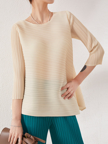 xakxx Simple Three-Quarter Sleeves Loose Pleated Solid Color Round-Neck T-Shirts Tops