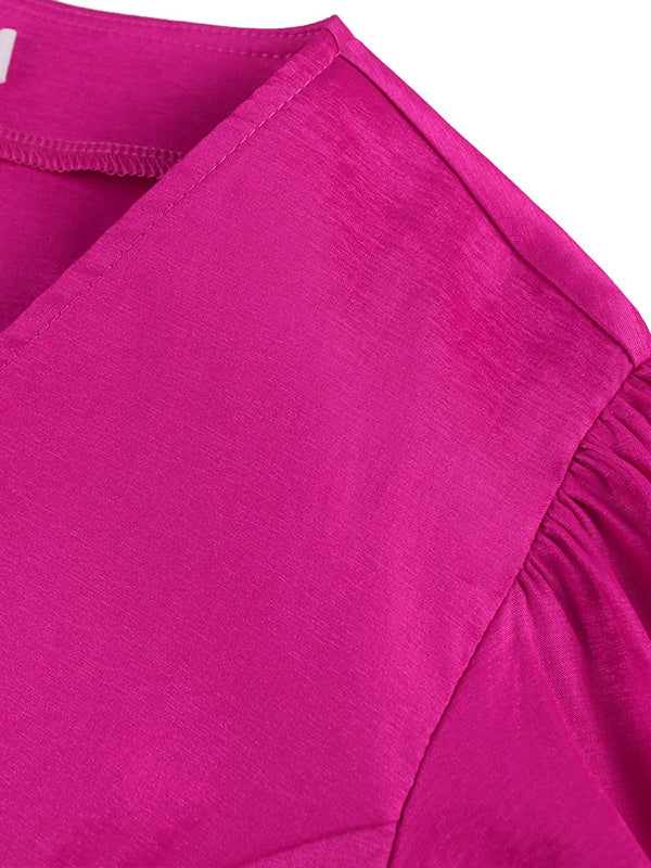 xakxx Stylish V-Neck Puff Sleeves Fuchsia Blouse