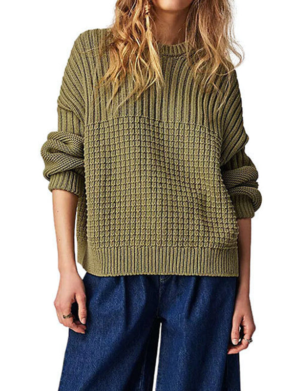 xakxx Long Sleeves Loose Solid Color Round-Neck Pullovers Sweater Tops