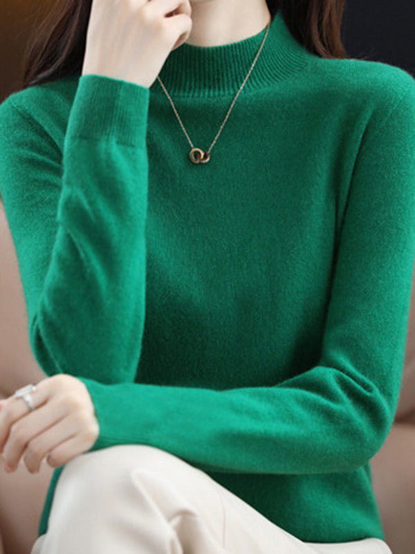 xakxx Office Long Sleeves Solid Color High-Neck Sweater Tops Pullovers