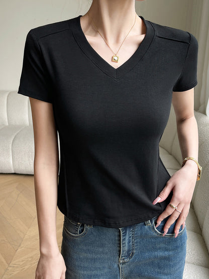 xakxx Short Sleeves Skinny Solid Color Split-Joint V-Neck T-Shirts