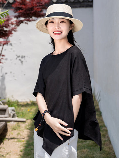 xakxx Artistic Retro Loose Linen Asymmetric T-Shirt Top