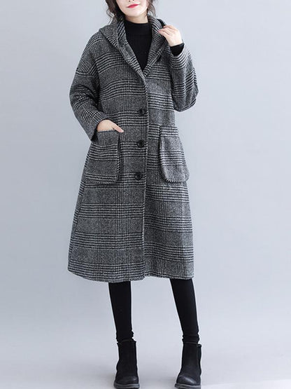 xakxx Loose Plaid Woolen Hood Coat