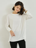 xakxx Simple Long Sleeves Loose Split-Side Solid Color Round-Neck T-Shirts Tops